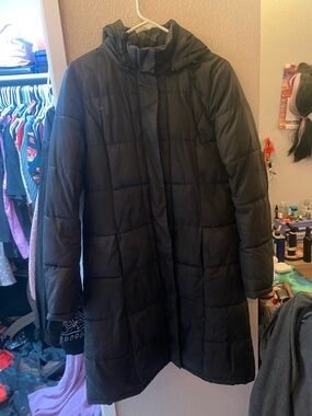 Faded Glory Black Quilted Hooded Long Puffer Coat